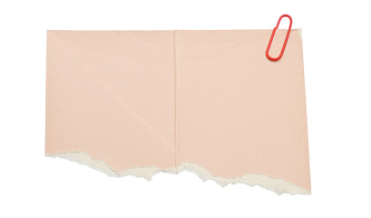 Torn pastel pink paper sheet with a yellow paperclip isolated on a transparent background, 