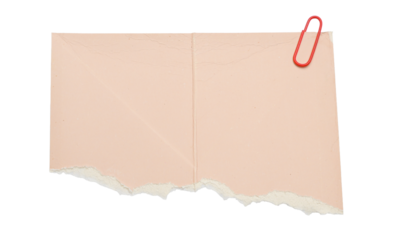 Torn pastel pink paper sheet with a yellow paperclip isolated on a transparent background,