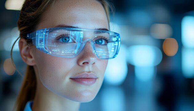 Close-up of a woman wearing futuristic digital glasses with holographic data reflections.