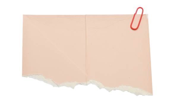 Torn pastel pink paper sheet with a yellow paperclip isolated on a transparent background, 