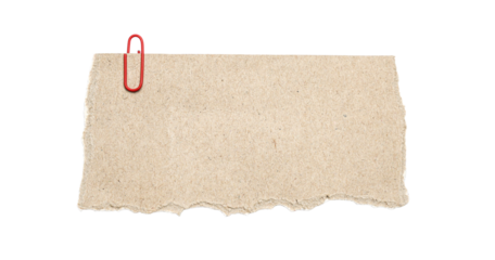 Torn Kraft paper sheet with red paperclip isolated on white background, torn craft paper piece texture, 