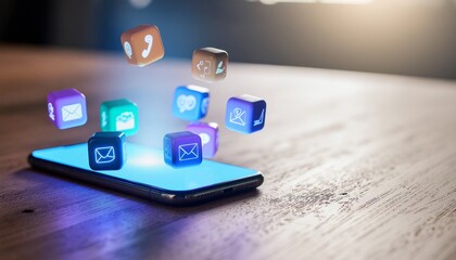 Floating social media and communication icons hovering over a glowing smartphone.