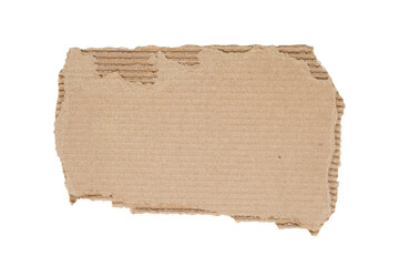 Torn corrugated cardboard piece isolated on a white background, ripped kraft brown paper texture for crafts,