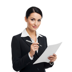 Confident professional woman reviewing documents with pen, ready for success in business