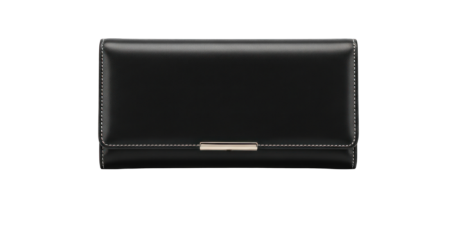 Sleek black leather wallet on a clean white background.