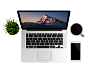 Minimal Modern Home Office Desk with Laptop, Plant & Coffee Mug, Isolated PNG