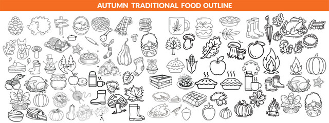 Autumn traditional food icon, thanksgiving day holiday table hand drawn doodle line illustration set. Harvest fall pumpkin, celebration turkey, dessert pie, November eatery design element.  big set 