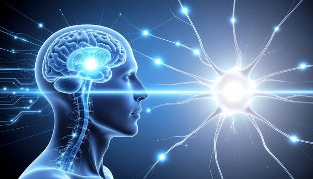 Human head with glowing brain and digital lines connecting to a large, firing neuron.