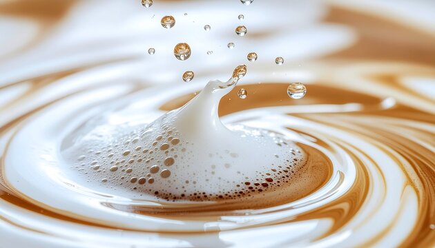 Macro shot of coffee and milk swirling, with foam and droplets creating a creamy, dynamic pattern. - Powered by Adobe