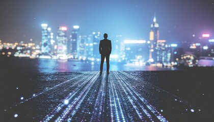 Silhouette of an executive standing on a data stream platform overlooking a glowing futuristic city skyline.