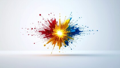 Vibrant digital explosion of red, yellow, and blue colors with a central bright light