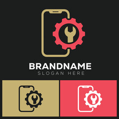 Stylized icon depicting a mobile phone outline paired with a bright red gear containing a wrench, symbolizing smartphone repair, technical service, settings, and maintenance.
