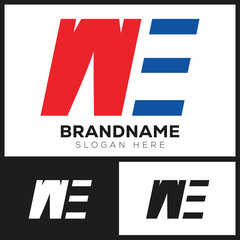 Modern, bold, and dynamic letter mark logo featuring the stylized initials W and E. The design uses vibrant red and blue, incorporating geometric, angular shapes for a corporate and tech aesthetic