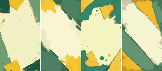 Set of abstract geometric grunge background in mustard yellow, sage green, and cream, featuring layered shapes, distressed textures, and paint splatter effects — vector panel collection