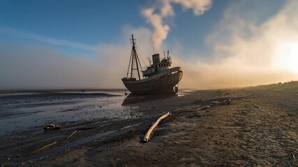 Wrecked Ship on a Misty Shoreline at Sunrise