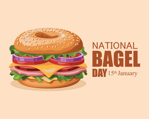 National Bagel Day vector. Sesame bagel with ham, cheese, tomato and onion icon vector. January 15.