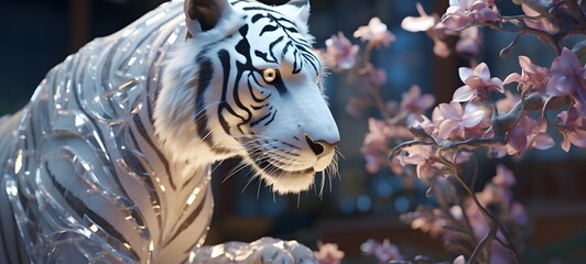 A white tiger , a small creature made of glass that is sitting in the palm of your hand,generative AI