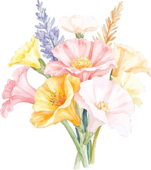 Watercolor bouquet of poppies and lavender, transparent background, vector, illustration