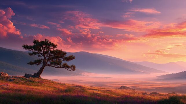 Colorful Sunset Over Misty Valley With Lone Tree