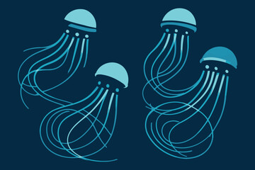 Four stylized turquoise jellyfish with long flowing tentacles gracefully swim in a deep dark blue ocean water background