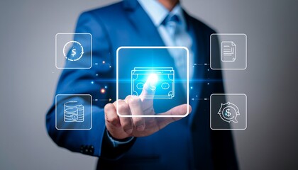 A hand in a business suit touches a glowing virtual money icon, surrounded by fintech symbols and data