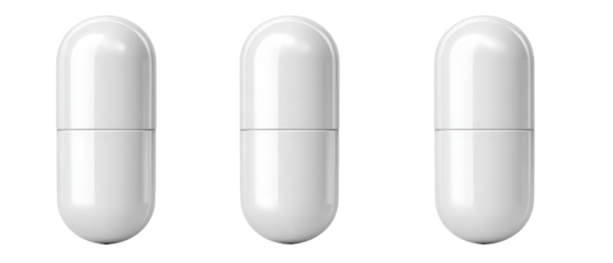 Three white capsules arranged in a row against a plain background, showcasing their smooth surface and rounded edges, ideal for health and wellness product imagery