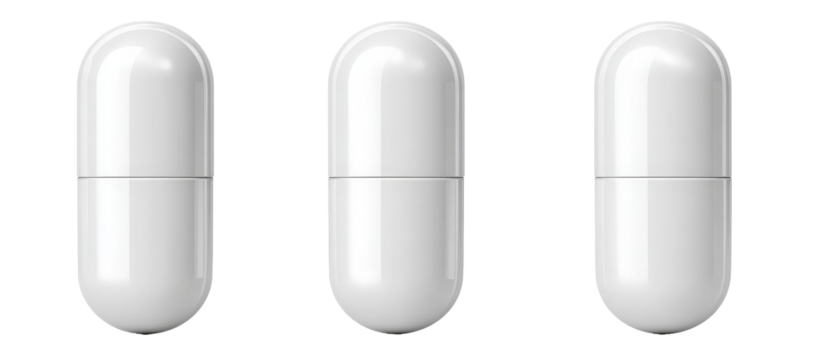 Three white capsules arranged in a row against a plain background, showcasing their smooth surface and rounded edges, ideal for health and wellness product imagery