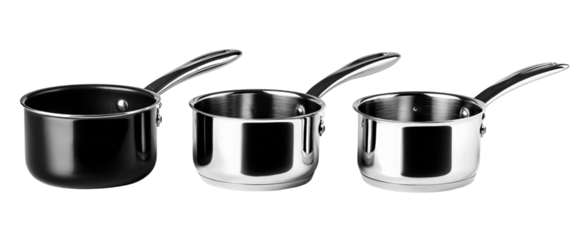 A set of three stainless steel cooking pots in varying sizes, showcasing their sleek design and shiny finish, placed on a neutral background for culinary use and kitchen decor