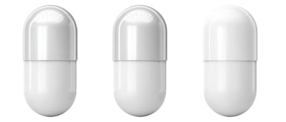 Three sleek, glossy white capsules arranged in a row against a plain background, showcasing their smooth surfaces and rounded edges, ideal for pharmaceutical or wellness-related content