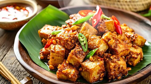 Delicious fried tofu dish with spicy sauce and peanuts served on a banana leaf in a wooden bowl.