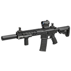 Black Tactical Assault Rifle with Suppressor and Red Dot Sight on Transparent Background