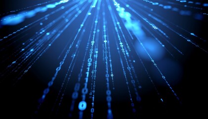 Glowing blue binary numbers cascade down a dark screen like a futuristic digital rain curtain.