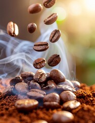 Obraz premium Roasted coffee beans hovering and falling with subtle smoke and light, creating a dramatic, aromatic close-up.