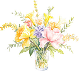 Watercolor floral arrangement in glass vase, transparent background, vector, illustration