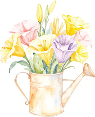 Watercolor painting of a floral bouquet in a watering can, transparent background, vector, illustration