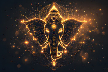 Golden Ganesha: Ethereal Hindu Deity Outline with Divine Energy and Sparkles