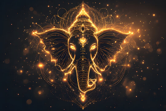 Golden Ganesha: Ethereal Hindu Deity Outline with Divine Energy and Sparkles