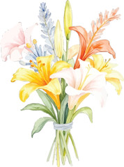 Watercolor painting of a bouquet of lilies and lavender, transparent background, vector, illustration
