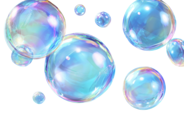 Group of Iridescent and Blue Bubbles on Checkered Transparent Backdrop
