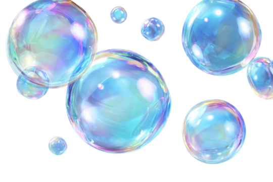 Group of Iridescent and Blue Bubbles on Checkered Transparent Backdrop