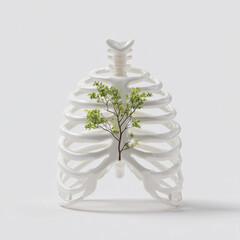 Ribcage sculpture with growing tree