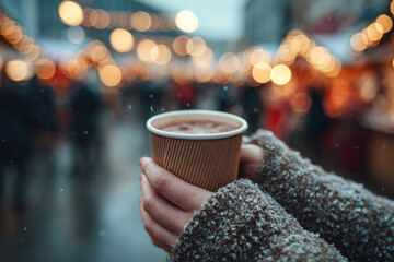 Close-up of hands holding paper cup with hot drink on snowy street with blurred festive lights at outdoor Christmas market
