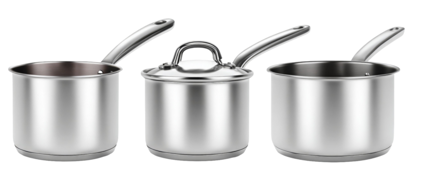 A trio of stainless steel cooking pots displayed in a bright, clean kitchen setting, showcasing their sleek design and functionality, ideal for culinary enthusiasts and home cooks