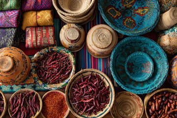 Flat lay of traditional Mexican market stall with woven baskets filled with dried chili peppers, nuts and spices on colorful textile. Concept of local food, culture and traditional crafts