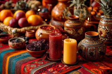 Traditional Mexican holiday altar with ceramic vessels, citrus fruits and lit candles on colorful woven textiles