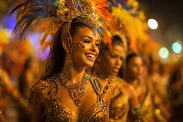 Close-up of a smiling woman carnival dancer in a glitter costume with feathers during a festive night parade