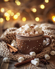 Hot chocolate with marshmallows and cinnamon in a cozy Christmas atmosphere with fairy lights. Ideal winter lifestyle and food image for blogs, social media and holiday campaigns