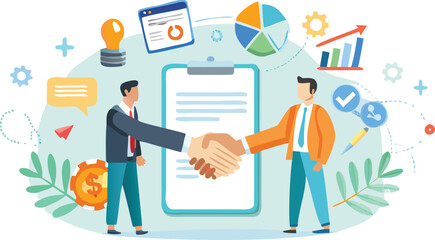 Diverse business professionals in formal attire joyfully shaking hands celebrating a successful agreement and partnership with a bright clean background