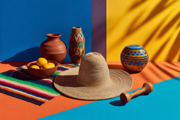 Still life with Mexican pottery, wide brim straw sombrero and bowl of citrus on a colorful geometric background under sunlight