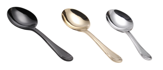 A collection of three elegant serving spoons in varying metallic finishes, arranged on a clean background, highlighting their polished surfaces and design, ideal for kitchenware displays